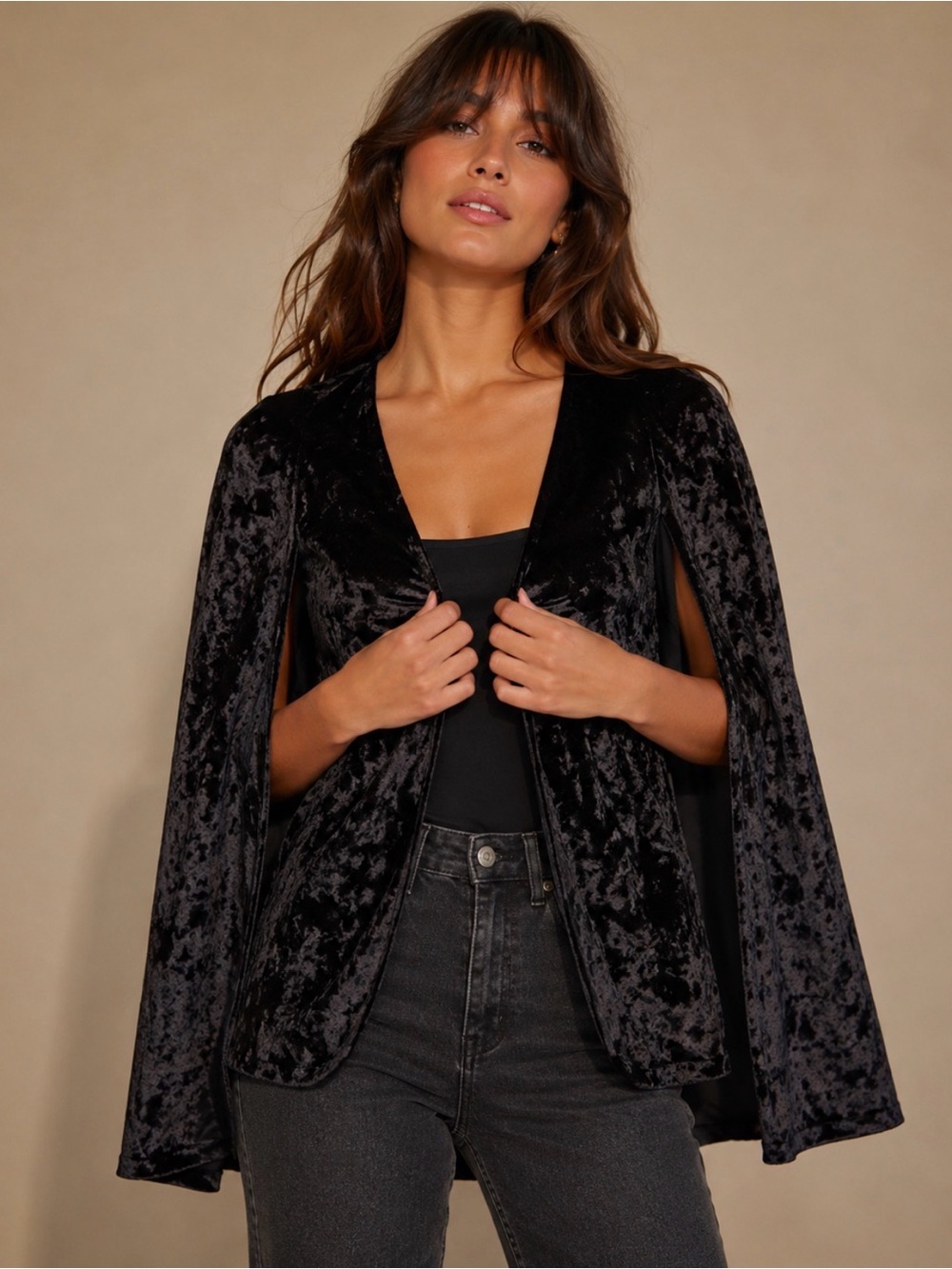 Amaryllis Black Crushed Velvet Cape Blazer Open Front Evening Wrap